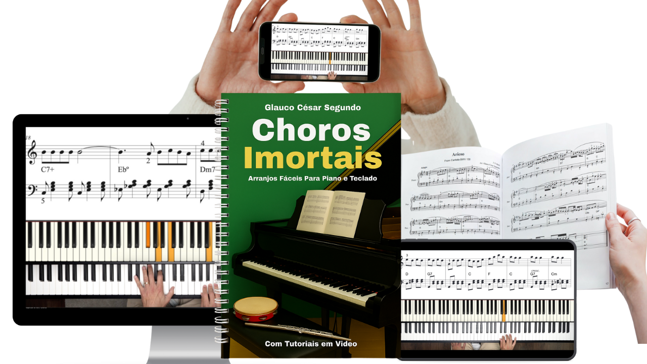 Livro Choros Imortais com as telas dos tutoriais em vídeo