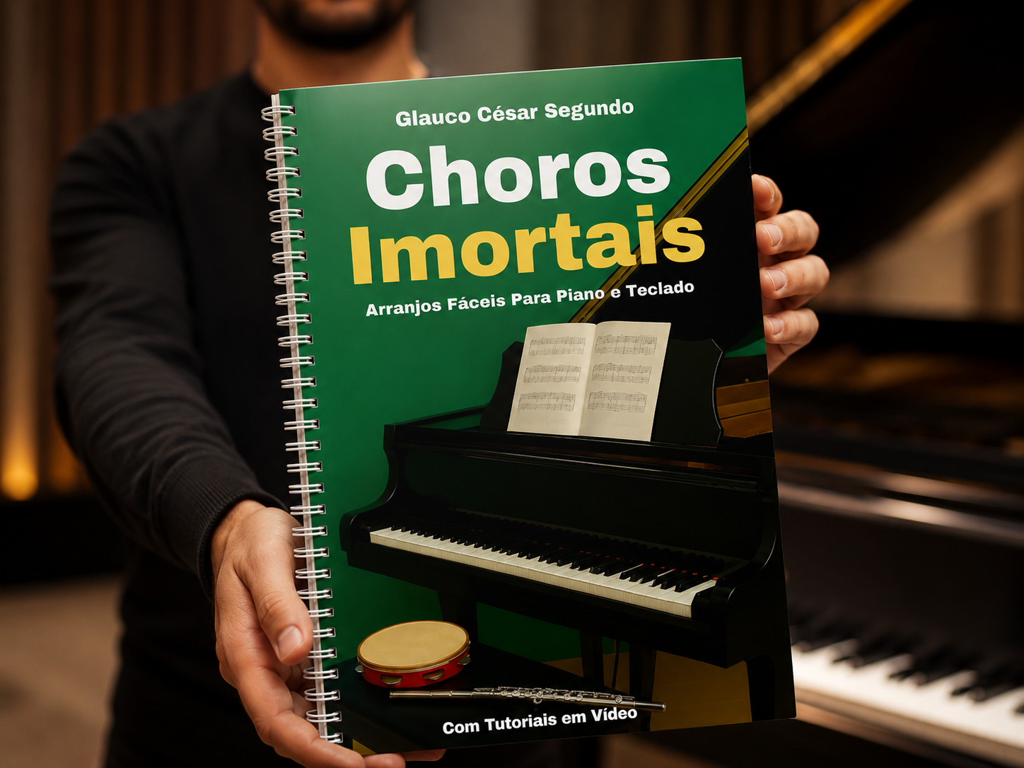 Livro Choros Imortais junto com as telas dos tutoriais em vídeo
